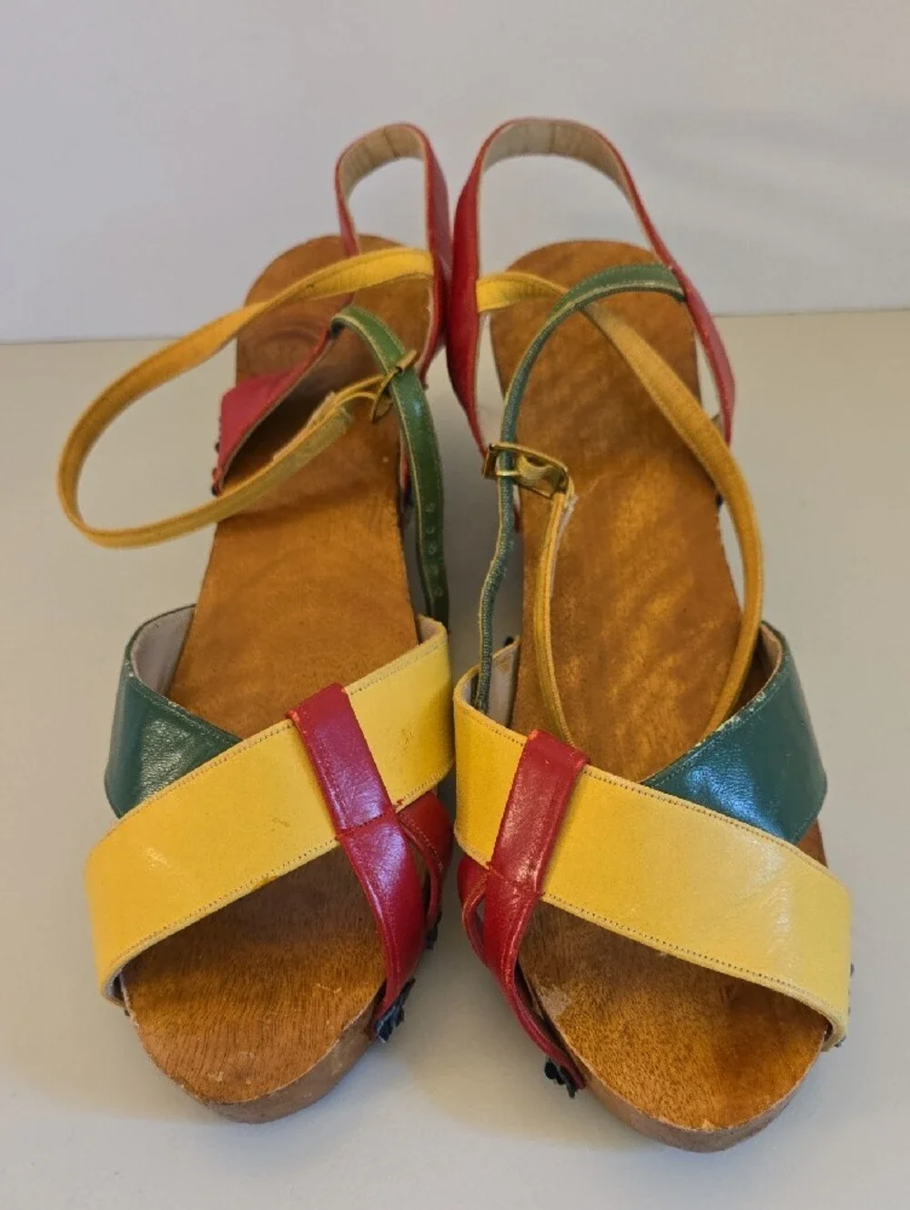 Vintage Hand Carved Wooden Wedge Sandals, Yellow Red Green Leather Straps Sz 7
